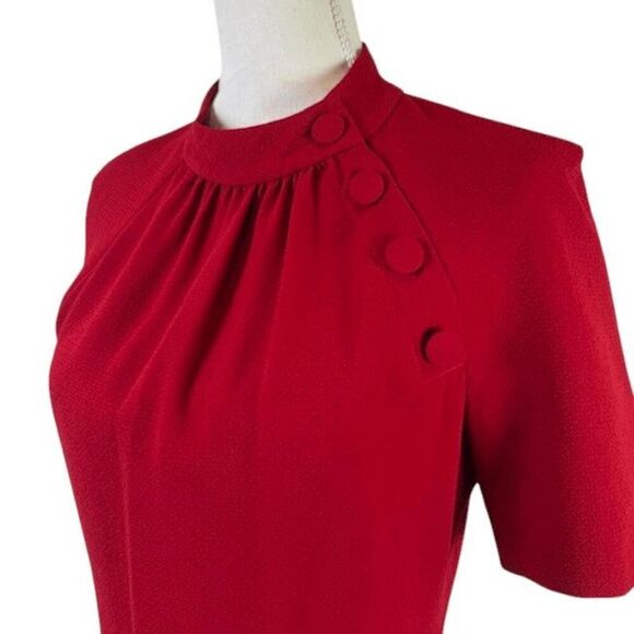 NWOT Badgley Mischka Red Mock Neck Knee Length Dress Pintucks Back Zip Size 4 - Picture 2 of 14